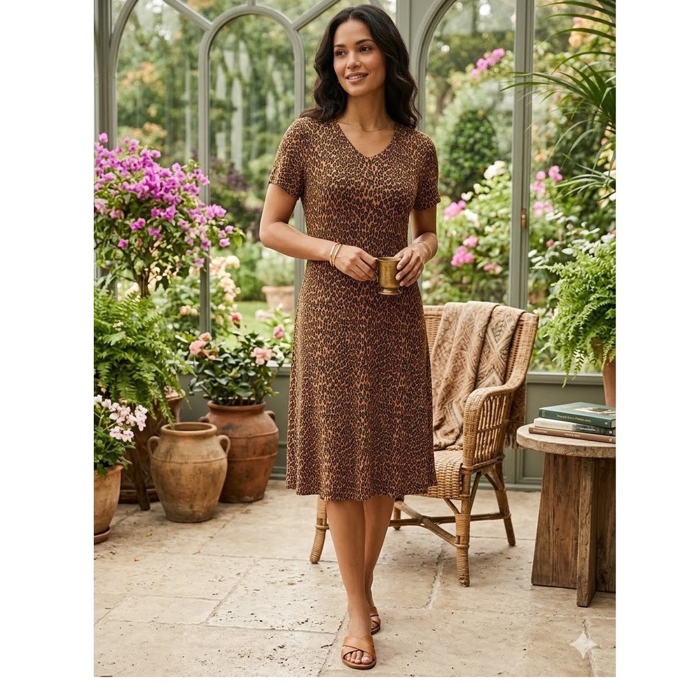 Jessica Howard Petite Leopard Print Glitter V-Neck Midi Dress Brown Size 4P 90's